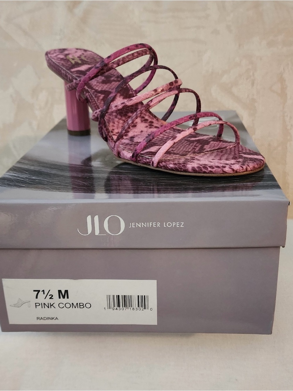 JLo Jennifer Lopez Radinka Pink Snake-print Strappy Mule Sandal